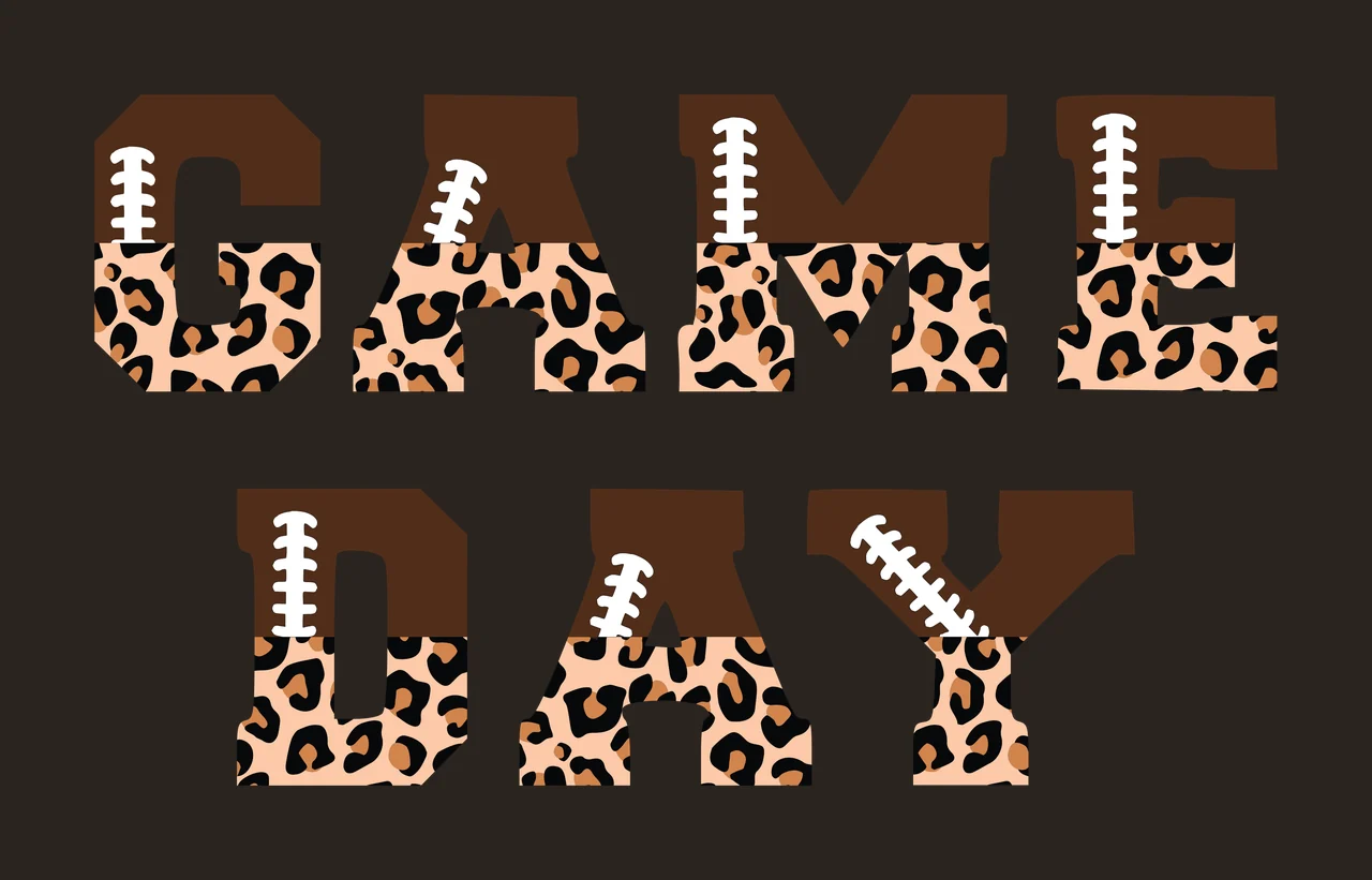 GAME DAY Typography Design with block varsity font, split letter design, leopard print pattern and white football laces in brown, tan and black contrast preview thumbnail