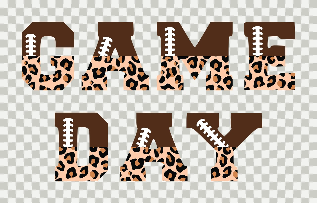 GAME DAY Typography Design with block varsity font, split letter design, leopard print pattern and white football laces in brown, tan and black transparency and detail preview thumbnail