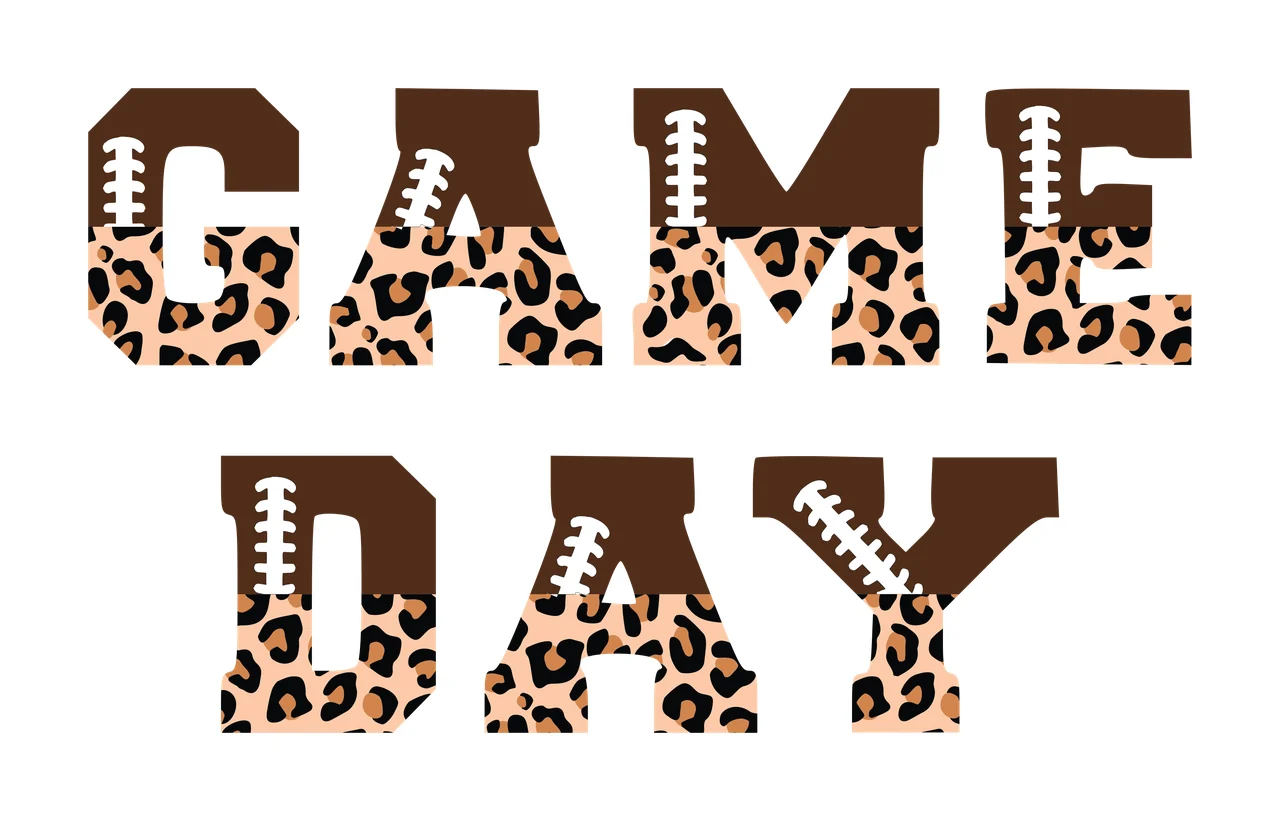 GAME DAY Typography Design with block varsity font, split letter design, leopard print pattern and white football laces in brown, tan and black