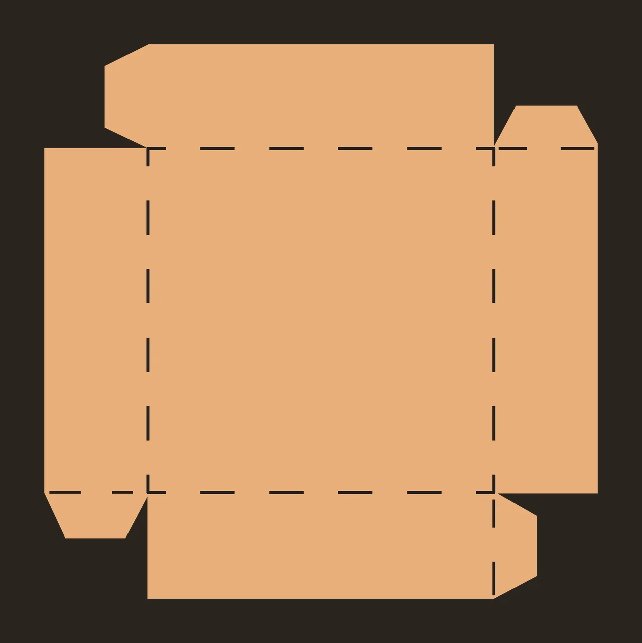 Box template Illustration with tan box layout, black dotted fold lines, solid black cut lines and Technical drawing in white contrast preview thumbnail