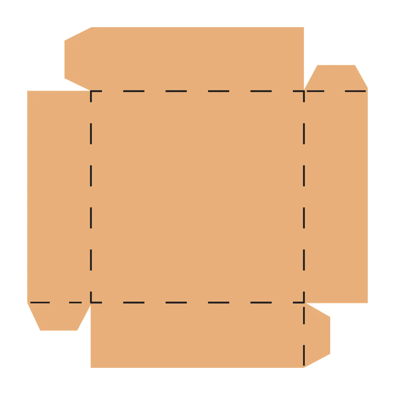 Box template Illustration with tan box layout, black dotted fold lines, solid black cut lines and Technical drawing in white