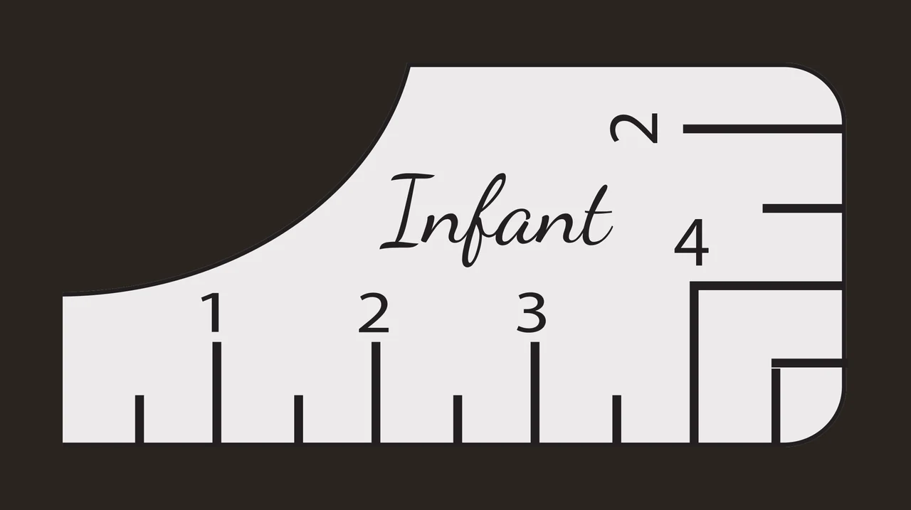 Infant 1 2 3 4 2 ruler scale corner segment Design with tick marks, measurement numbers, script text and curved corner border in light gray, black and white contrast preview thumbnail
