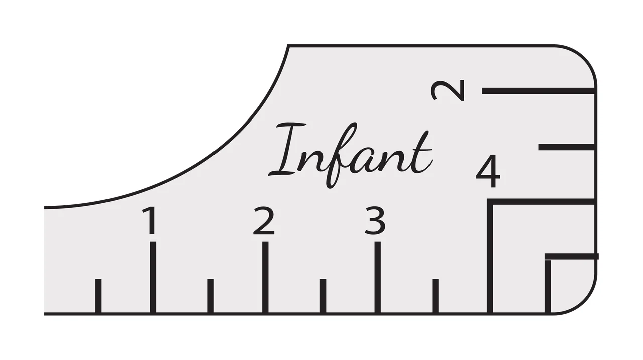 Infant 1 2 3 4 2 ruler scale corner segment Design with tick marks, measurement numbers, script text and curved corner border in light gray, black and white