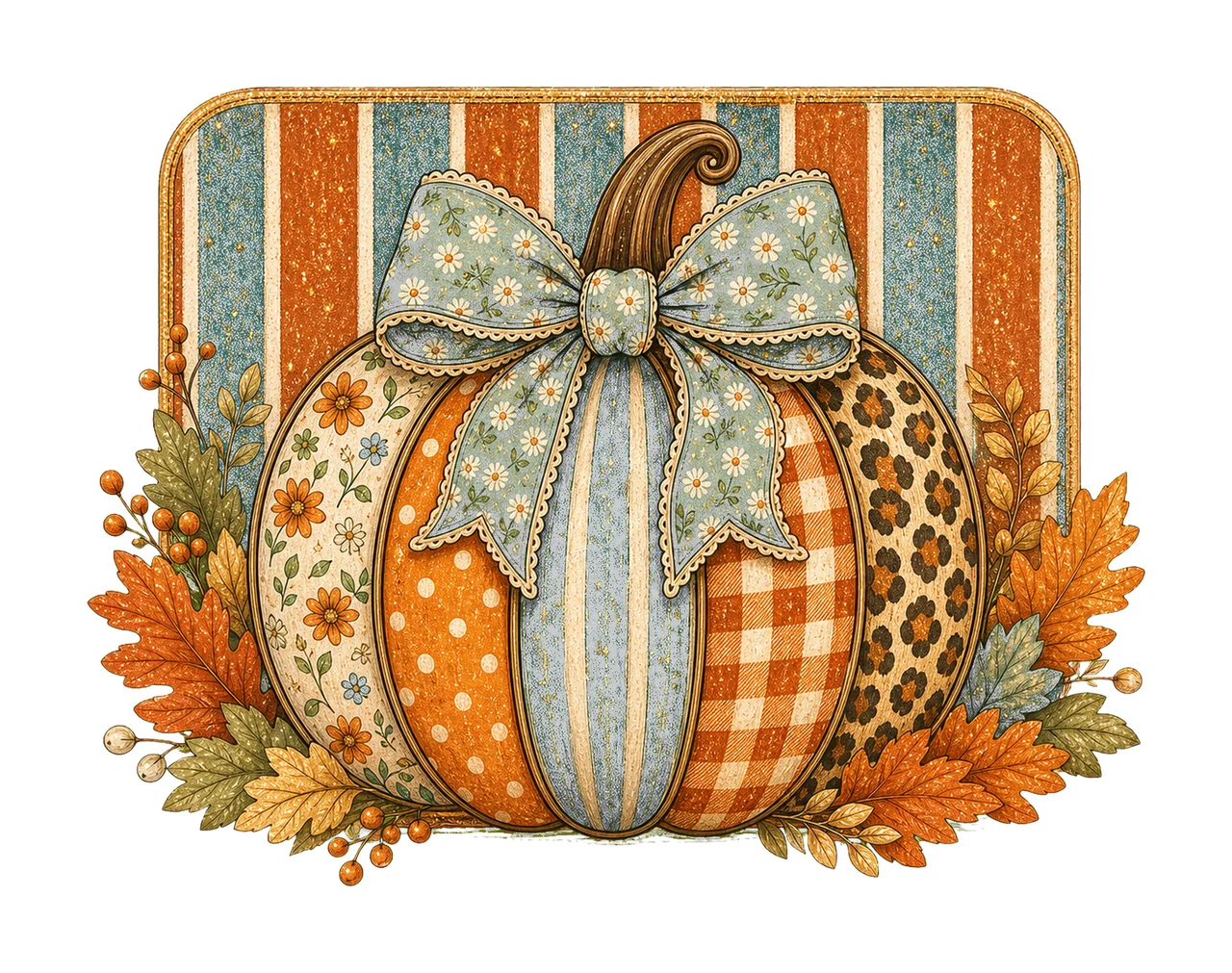 Striped Preppy Fall Pumpkin Glitter Floral Variation D