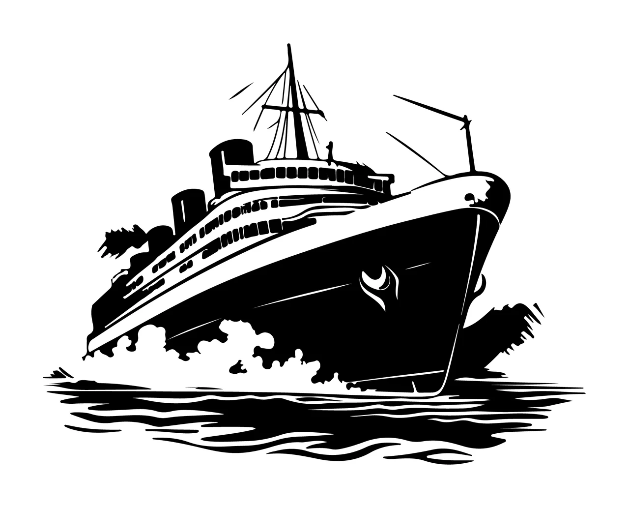 Ship Large Steamship Sailing Through Choppy Water waves smoke stacks