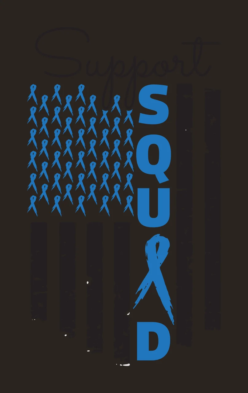 Support SQUAD Typography Design with blue ribbons arranged as flag field, black distressed vertical stripes, blue vertical letters S Q U A D and blue ribbon integrated into the letter 'A' in white contrast preview thumbnail