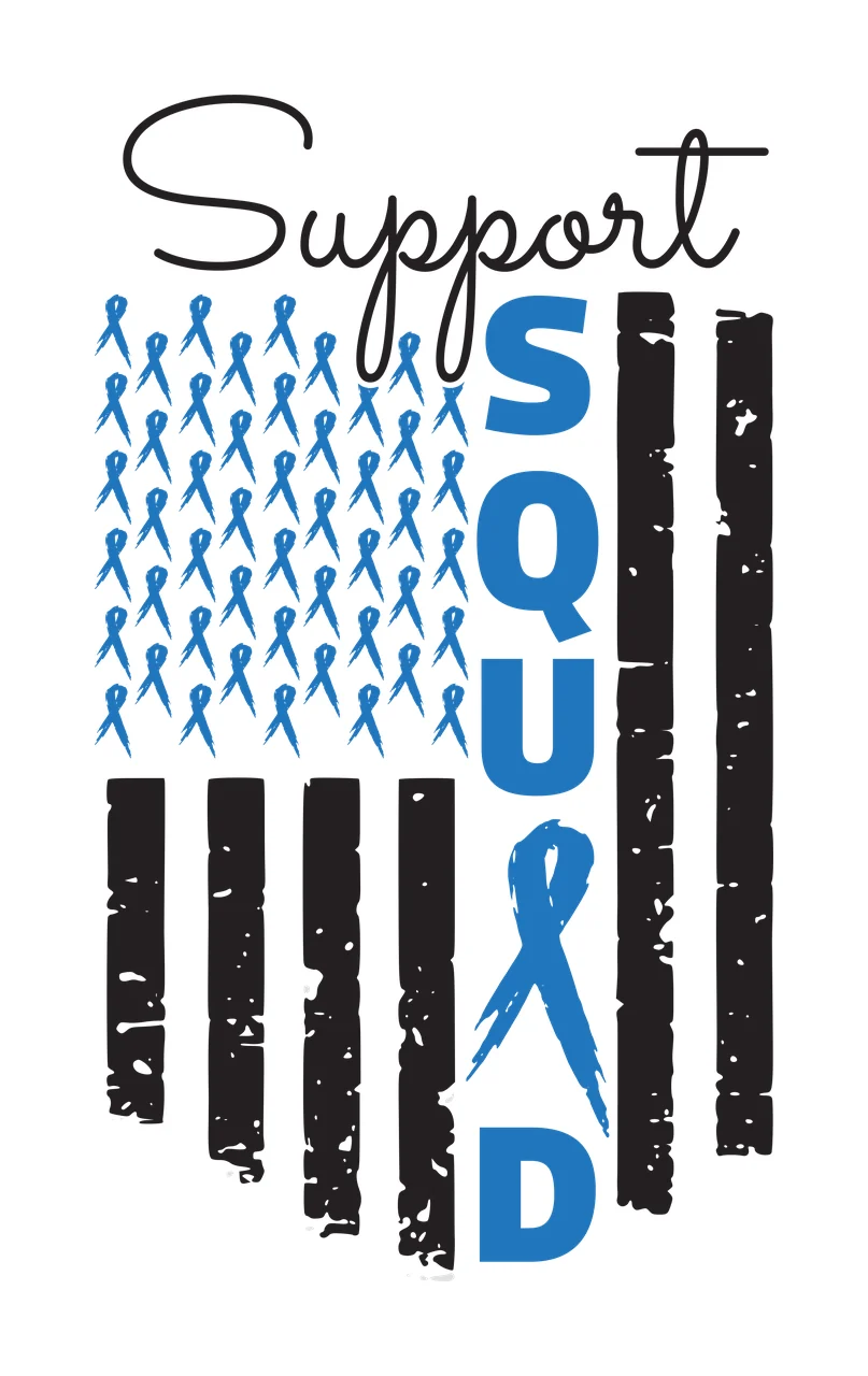 Support SQUAD Typography Design with blue ribbons arranged as flag field, black distressed vertical stripes, blue vertical letters S Q U A D and blue ribbon integrated into the letter 'A' in white