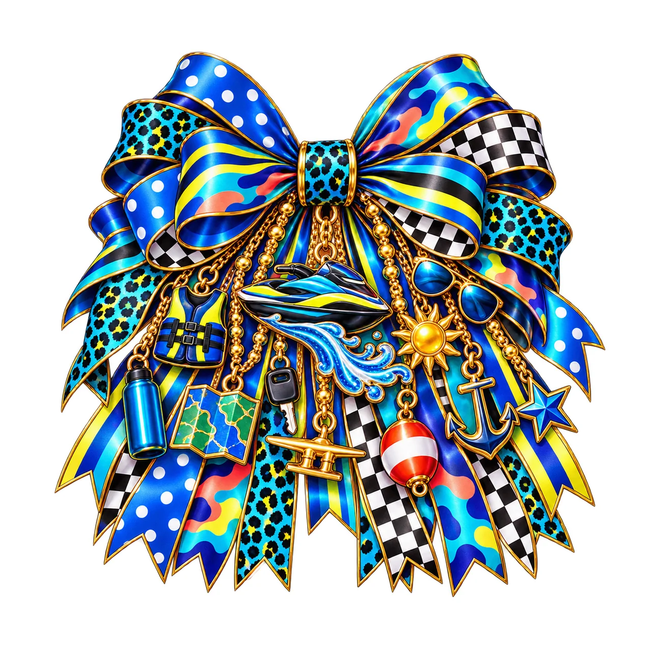 Jet Skiing Lover Bow Charm PNG, Gold Chain Charms, Transparent Sublimation Design, Digital Download