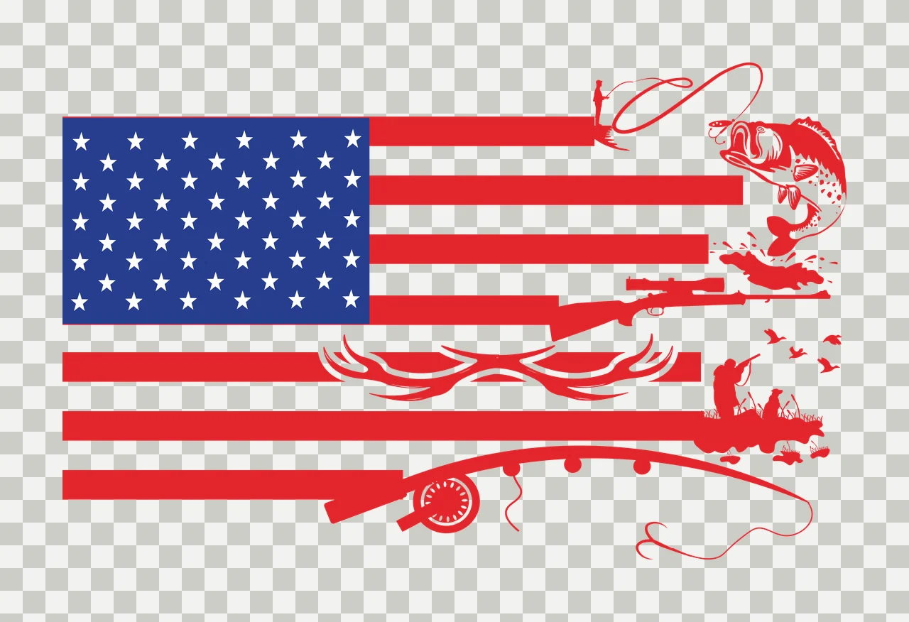 Fishing American Flag With Elements integrated rod fish rifle transparency and detail preview thumbnail