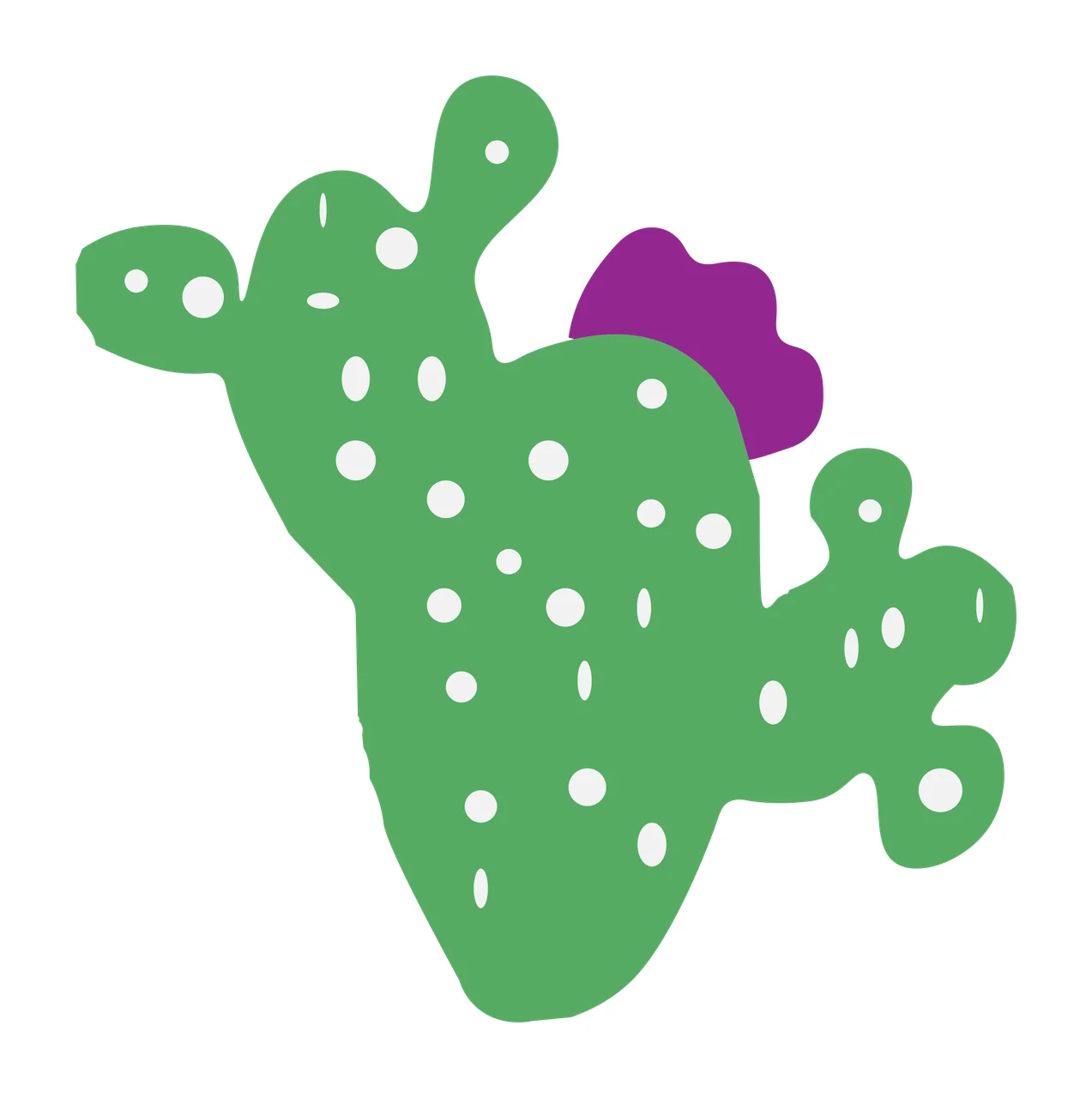 Prickly pear cactus with purple flower Illustration with green cactus body and white dots