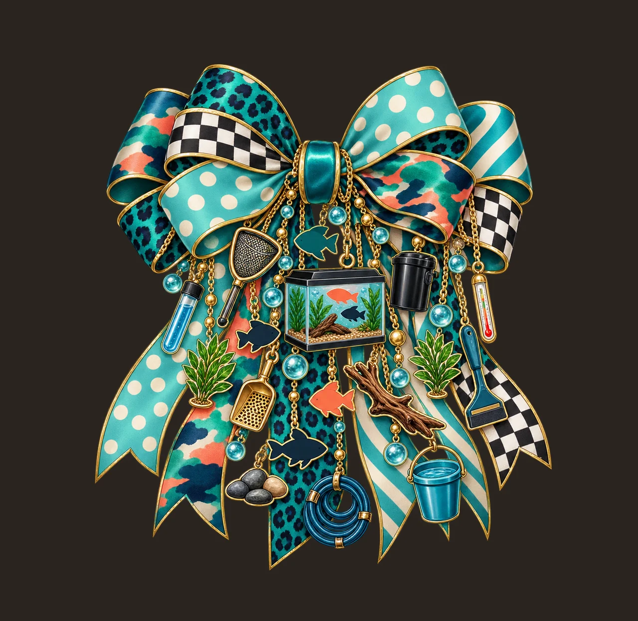 Aquarium Hobbyist Bow Charm PNG, Themed Gold Chain Charms, Coquette Ribbon Sublimation Design, Transparent Digital Download contrast preview thumbnail