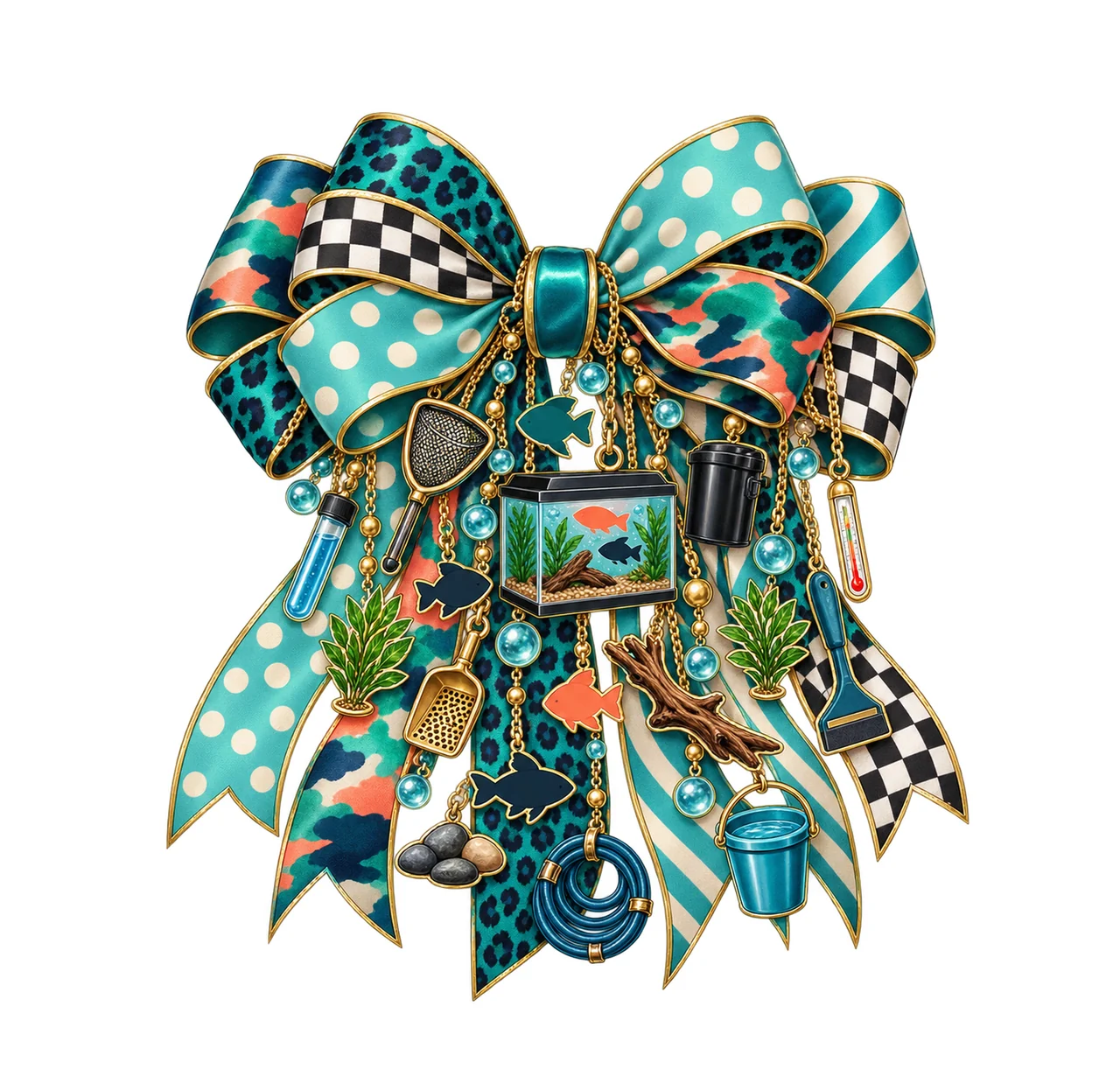 Aquarium Hobbyist Bow Charm PNG, Themed Gold Chain Charms, Coquette Ribbon Sublimation Design, Transparent Digital Download