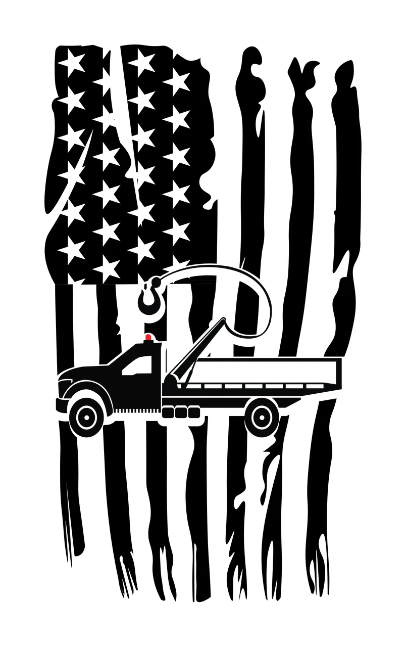 Tow truck with Stars, Stripes, Hook in Black, White Graphic silhouette Style