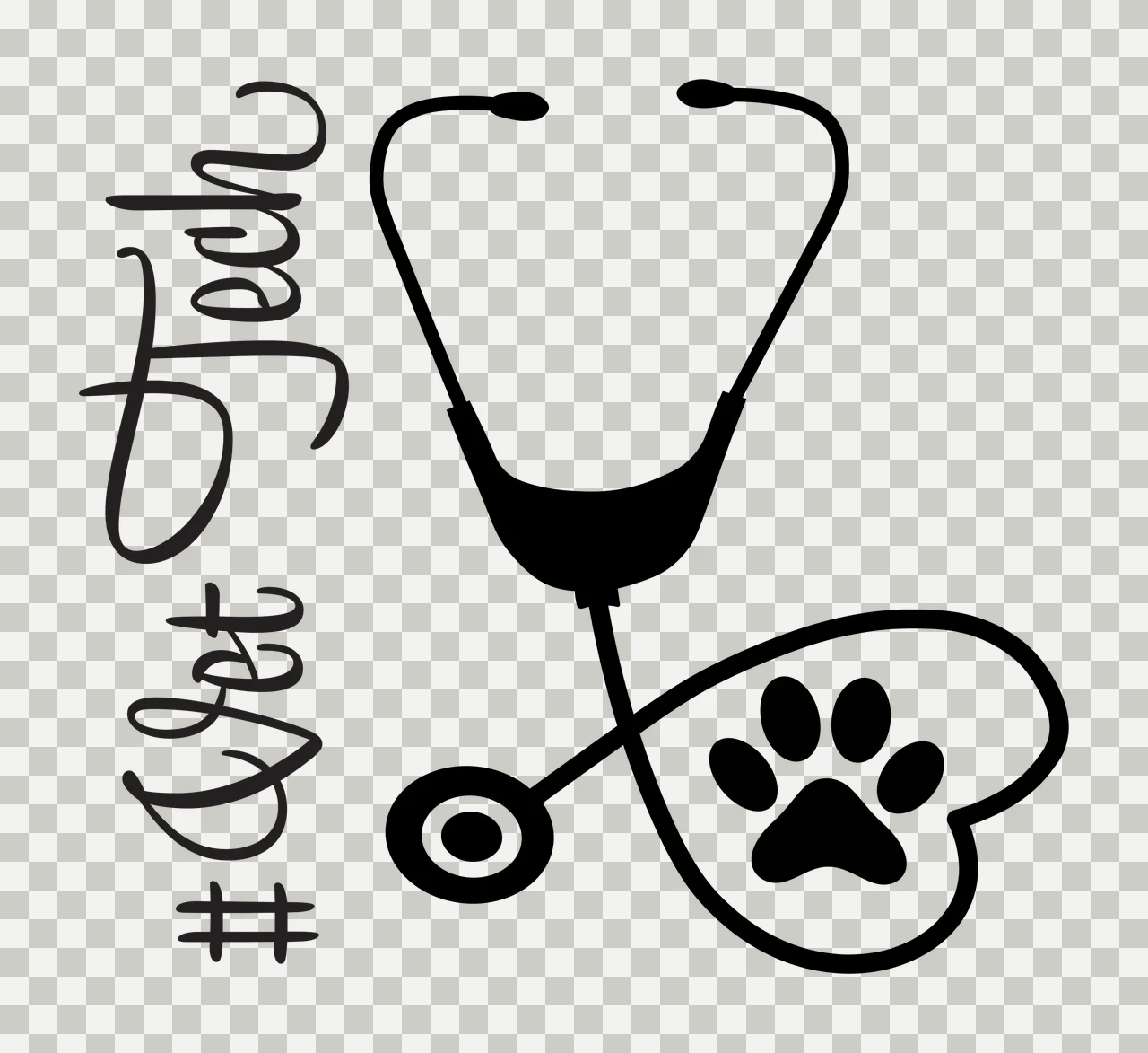#GetVetTech veterinary technician logo design with black stethoscope, paw print inside heart-shaped tube and cursive text GetVetTech transparency and detail preview thumbnail