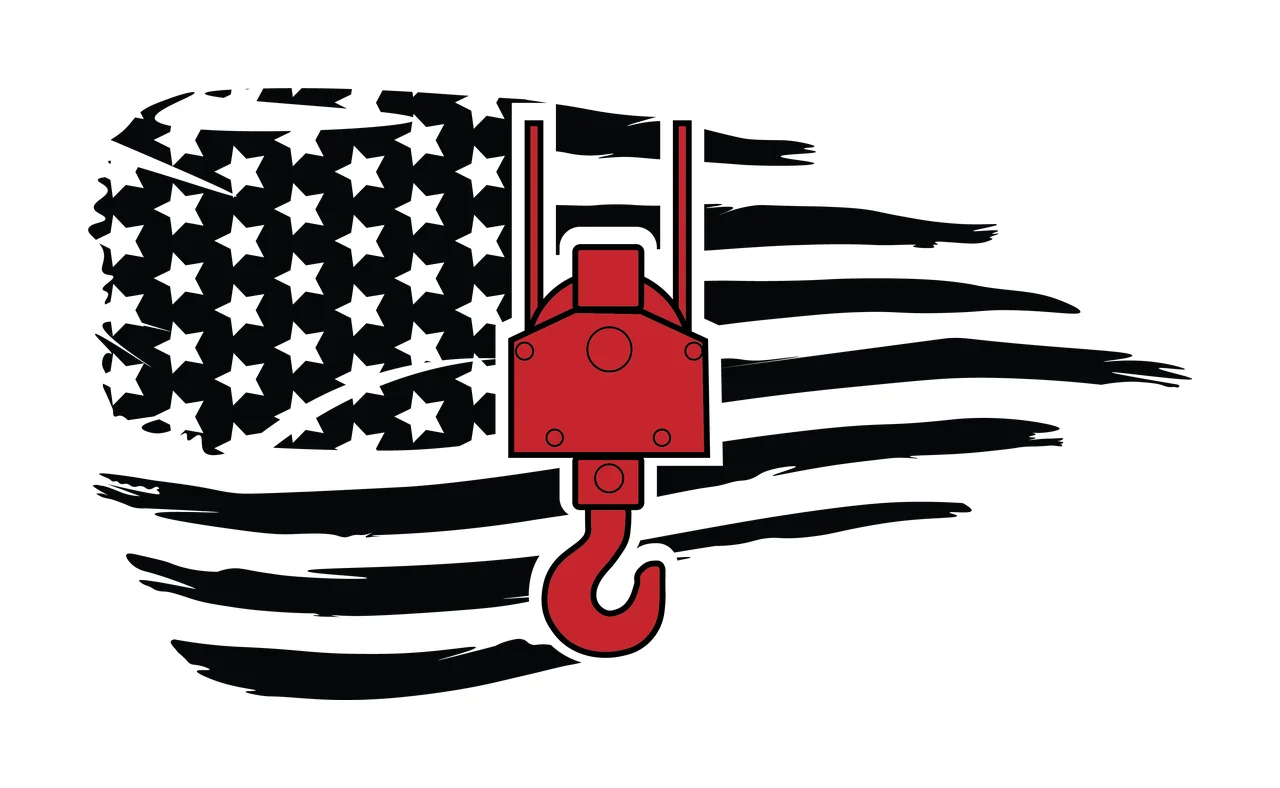 Crane Flag American With Construction Hook waving stars stripes