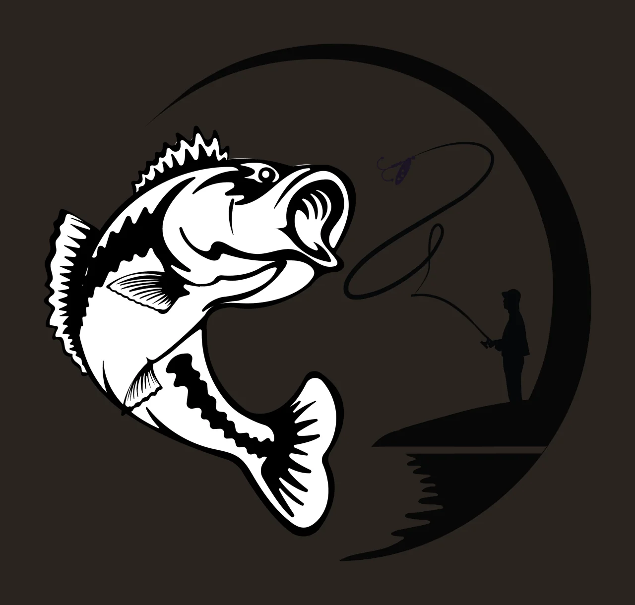 Fisherman Fish And Silhouette Design jumping fishing rod circle contrast preview thumbnail