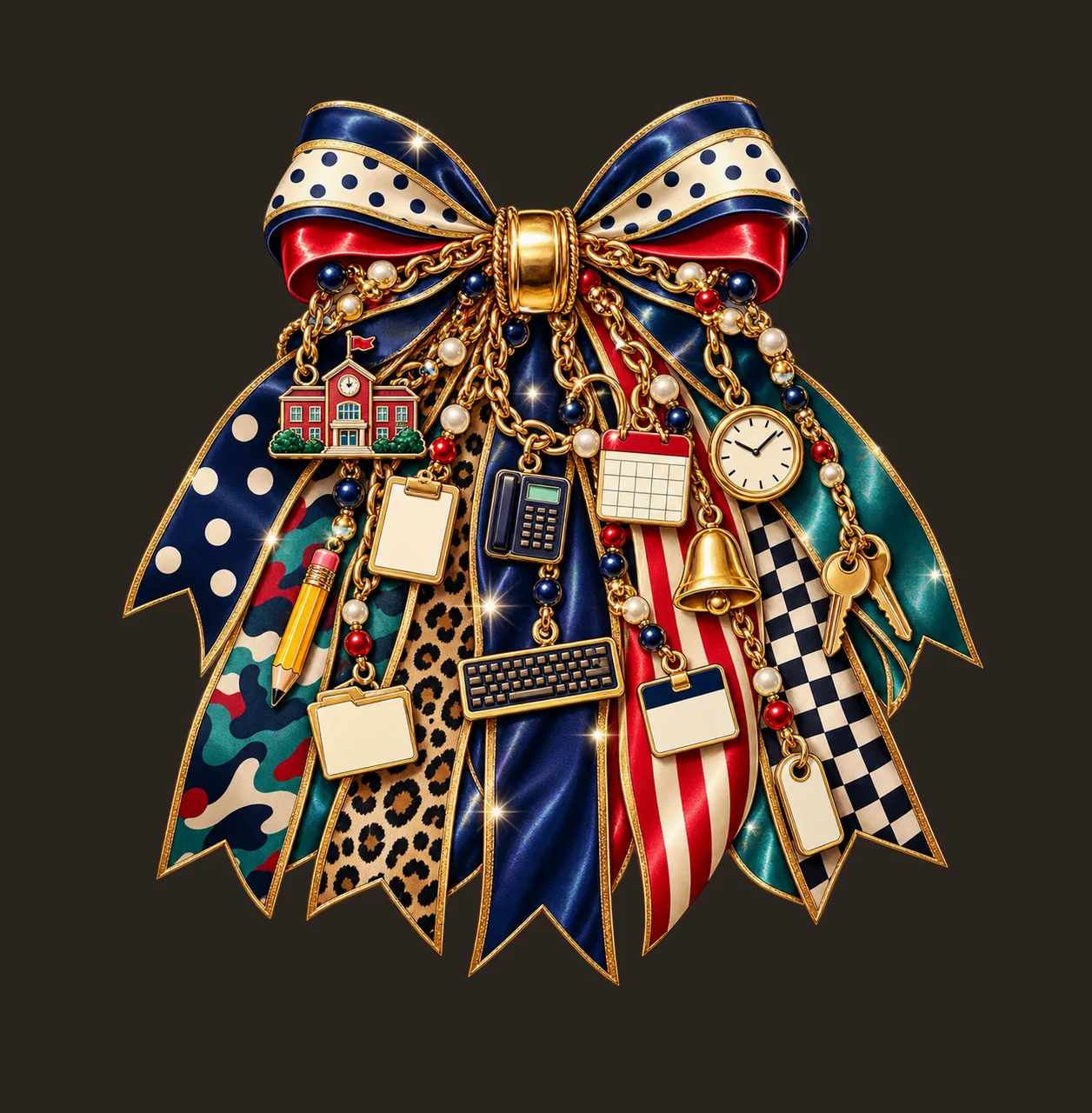School Attendance Clerk Bow Charm PNG, Themed Gold Chain Charms, Coquette Ribbon Sublimation Design, Transparent Digital Download contrast preview thumbnail