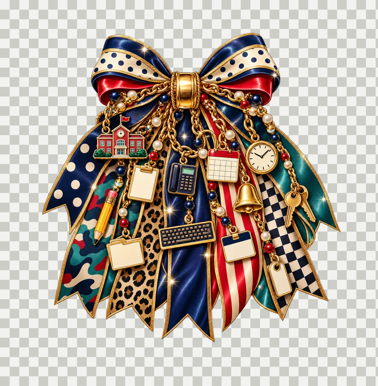 School Attendance Clerk Bow Charm PNG, Themed Gold Chain Charms, Coquette Ribbon Sublimation Design, Transparent Digital Download transparency and detail preview thumbnail
