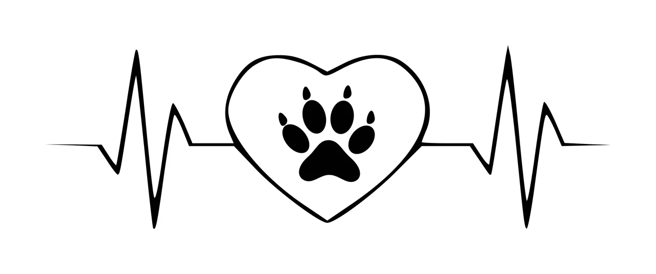 Heart-shaped design with paw print and heartbeat line with heart shape in black and white