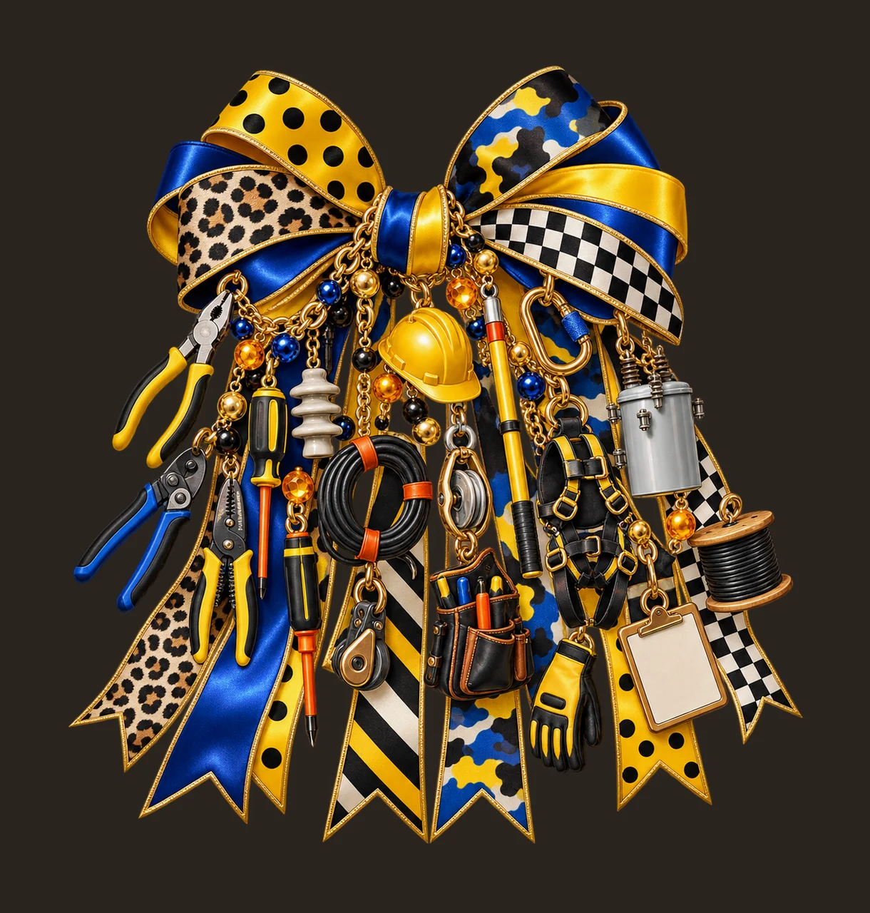Electrical Lineman Bow Charm PNG, Themed Gold Chain Charms, Coquette Ribbon Sublimation Design, Transparent Digital Download contrast preview thumbnail