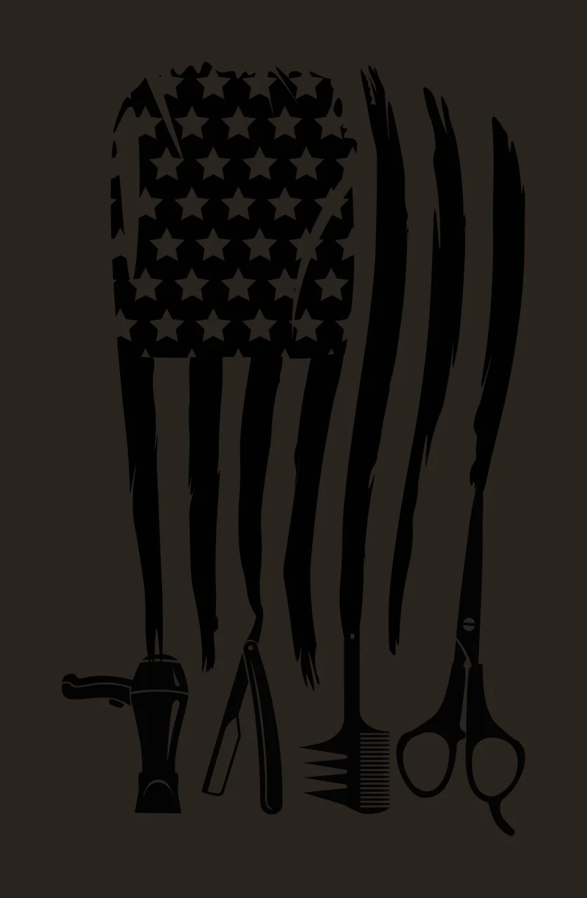Silhouette Design of American flag distressed hair stylist barber tools design with stars, distressed stripes, hair dryer and straight razor in black and white contrast preview thumbnail