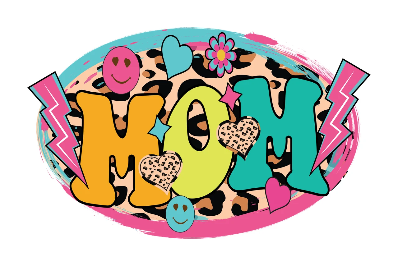MOM Typography Design with leopard print oval, smiley faces, heart shapes and lightning bolts in orange, lime green and teal