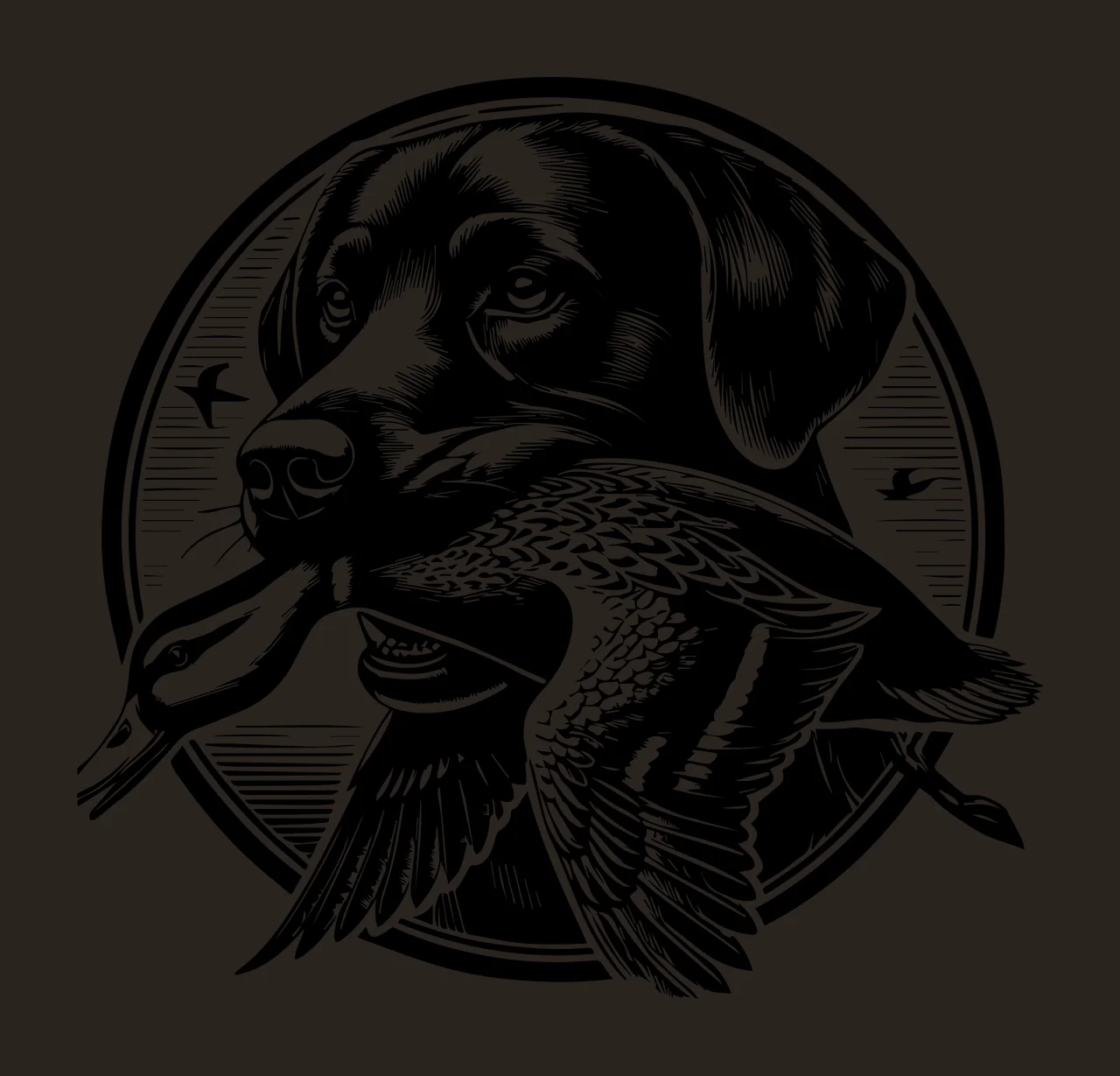 Duck Dog Holding In Circular Frame carrying bird circle engraving contrast preview thumbnail