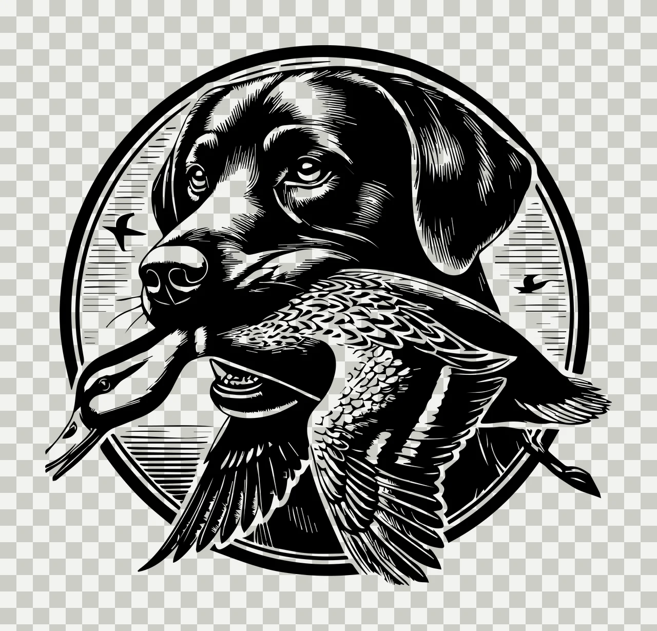 Duck Dog Holding In Circular Frame carrying bird circle engraving transparency and detail preview thumbnail