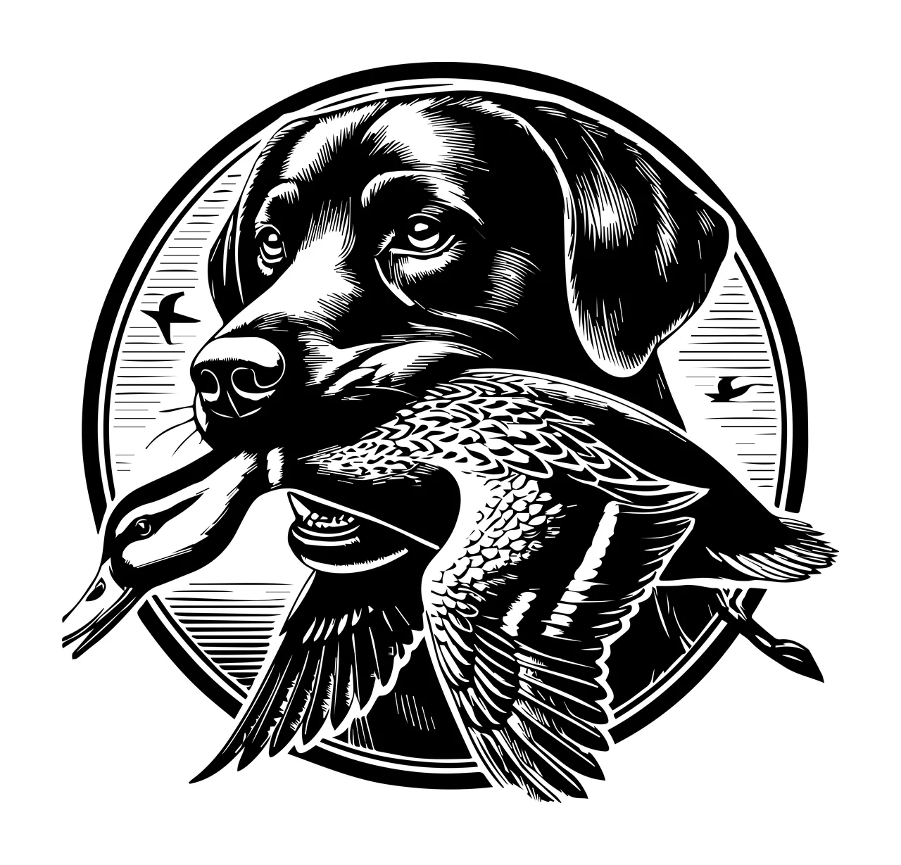 Duck Dog Holding In Circular Frame carrying bird circle engraving