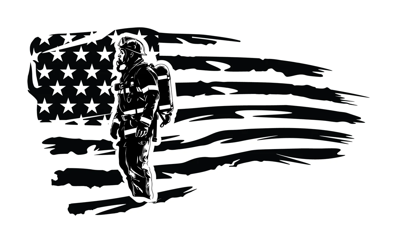 Firefighter Silhouette Over Distressed Flag standing uniform