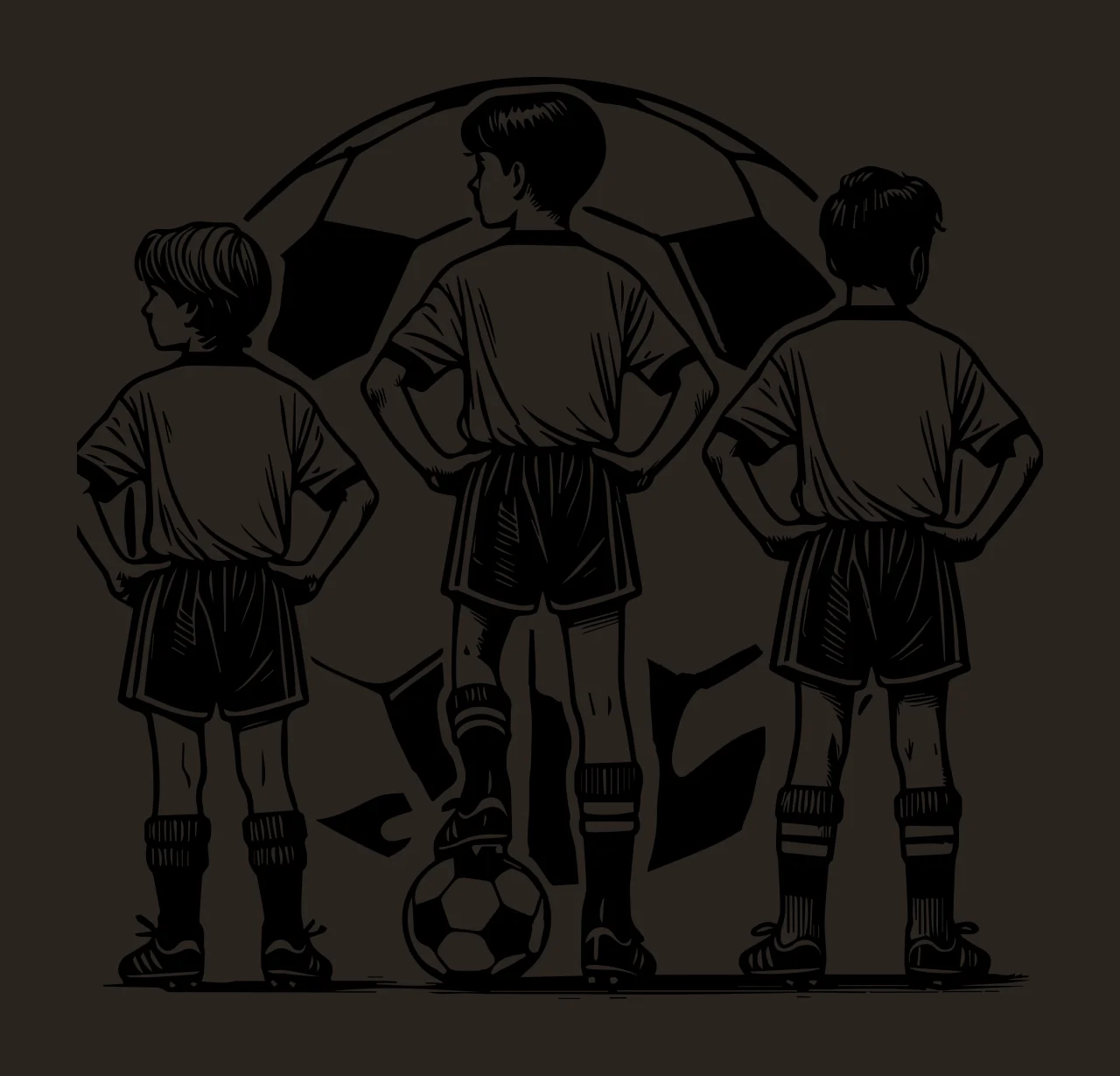 Soccer Ball Three Children Players Outline standing with hands on hips contrast preview thumbnail