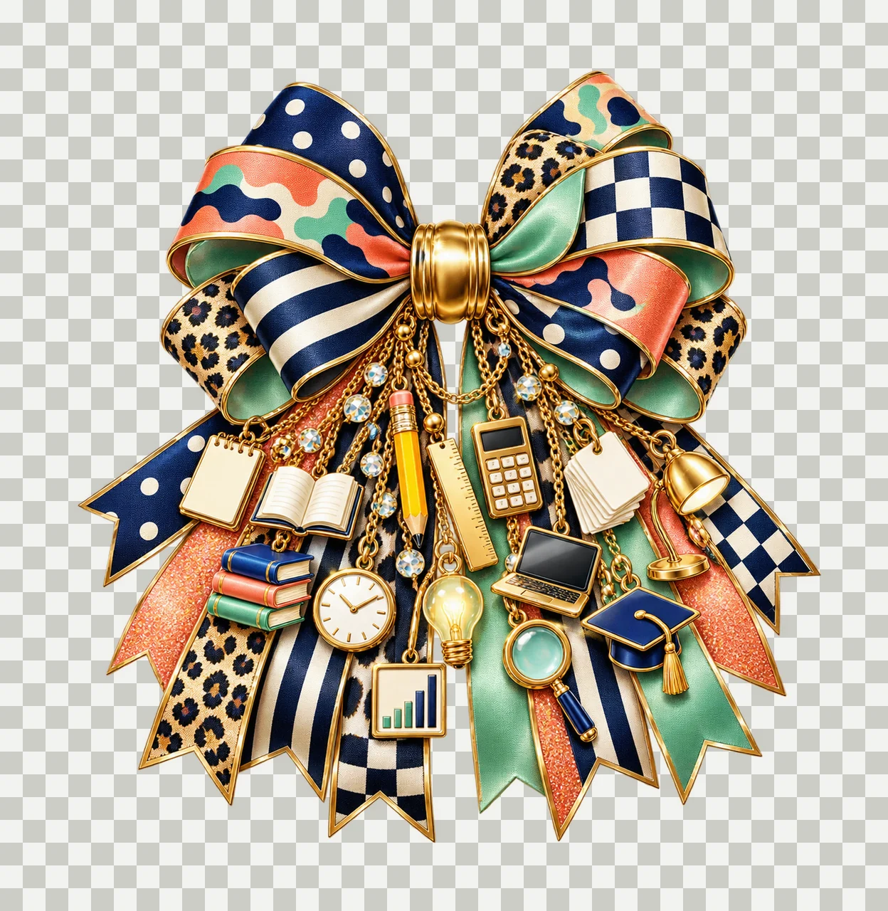Tutor Bow Charm PNG, Themed Gold Chain Charms, Coquette Ribbon Sublimation Design, Transparent Digital Download transparency and detail preview thumbnail