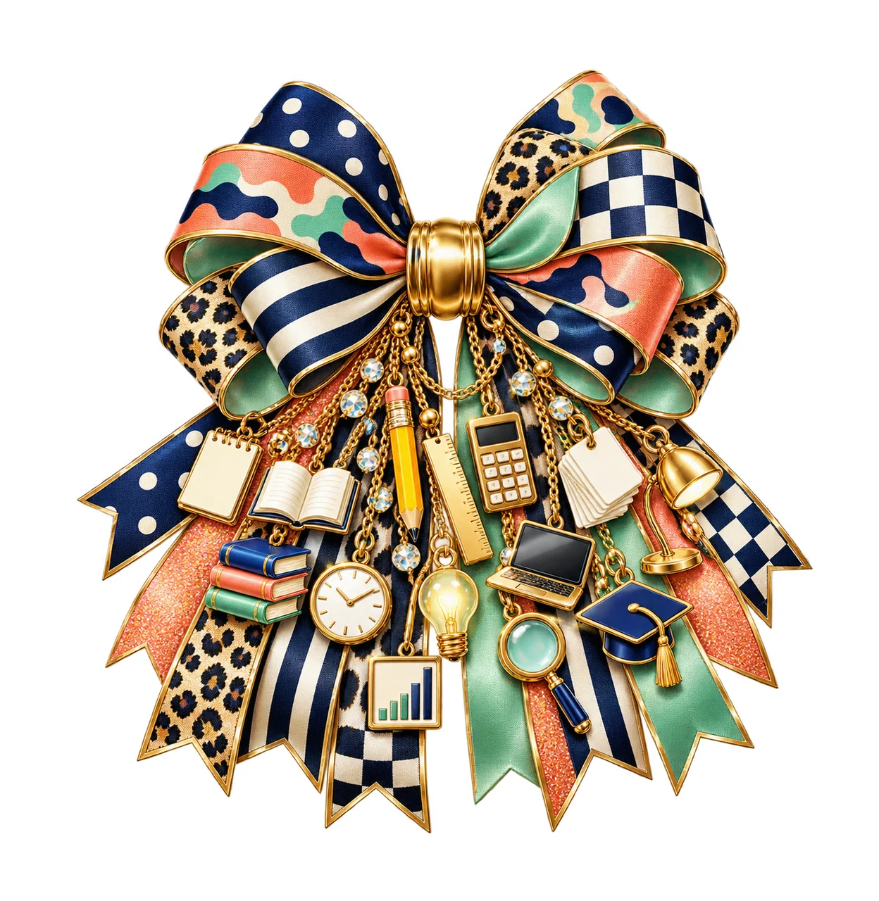 Tutor Bow Charm PNG, Themed Gold Chain Charms, Coquette Ribbon Sublimation Design, Transparent Digital Download