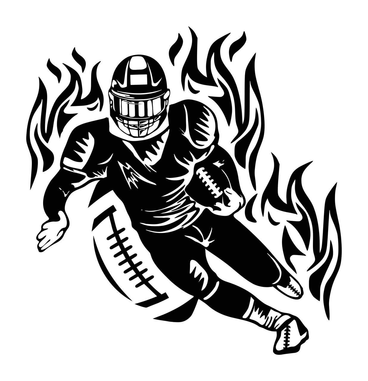 Football Player Running Over American Flag flames silhouette