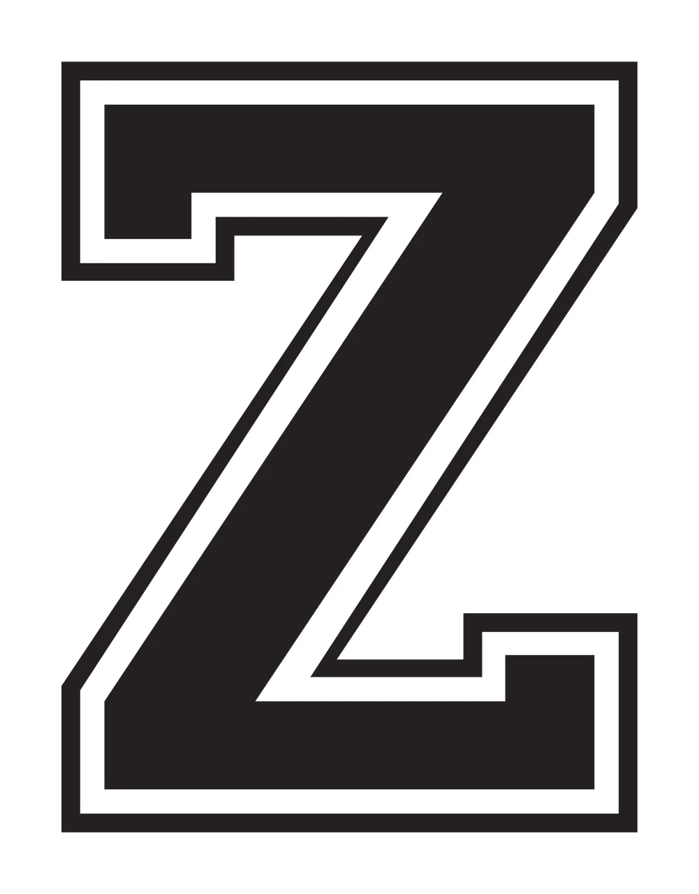Z Letter Design with double outline border and block serif shape in black and white