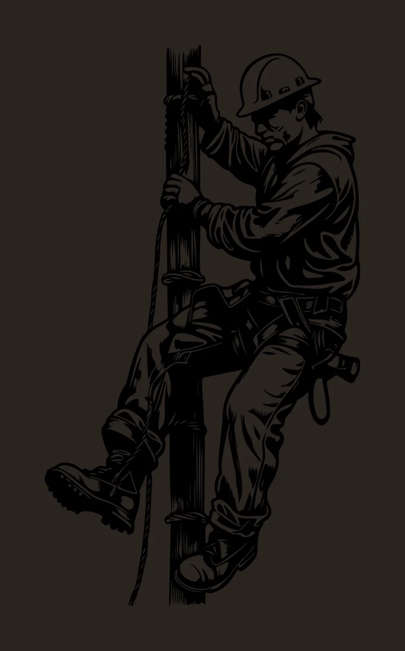 Line Worker Climbing Utility Pole Silhouette helmet rope harness contrast preview thumbnail