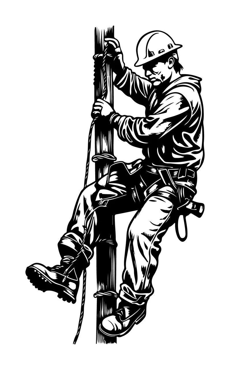 Line Worker Climbing Utility Pole Silhouette helmet rope harness