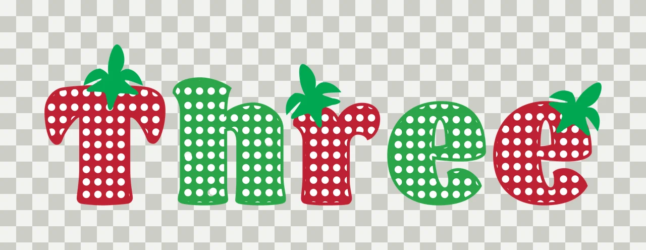 Three Typography Design with polka dot patterns, green strawberry leaves, red letters and dotted texture in white transparency and detail preview thumbnail