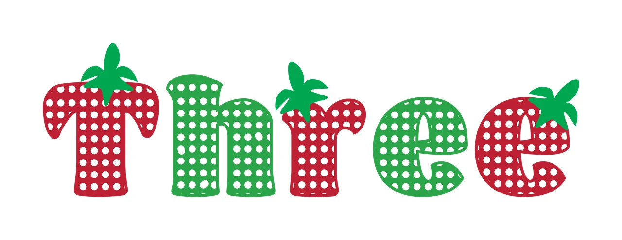 Three Typography Design with polka dot patterns, green strawberry leaves, red letters and dotted texture in white