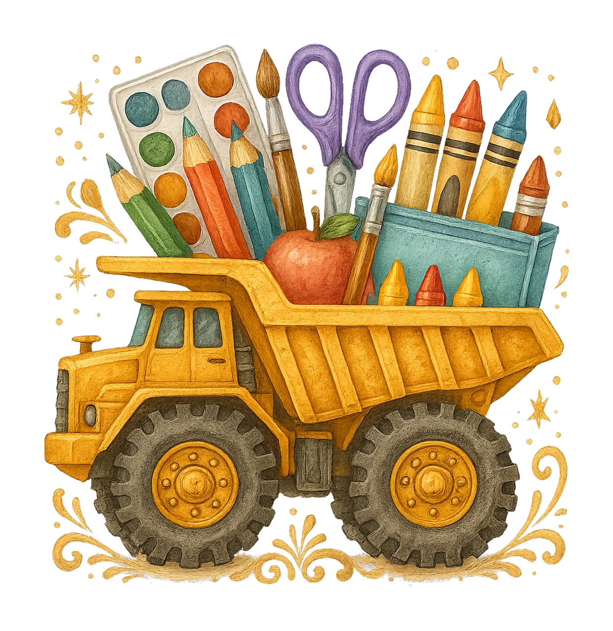 Back to School Supplies Construction Dump Truck Watercolor