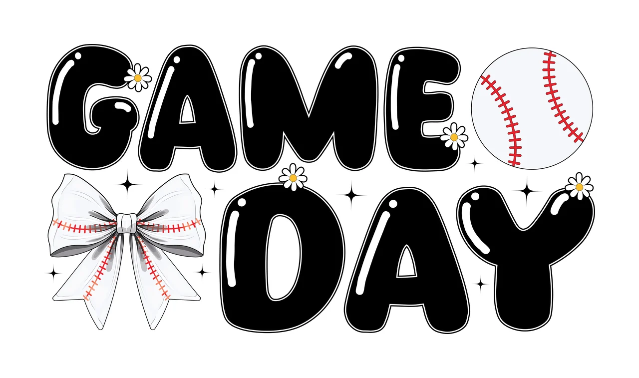 Game Day Text With Decorative Bow decorating star circle black