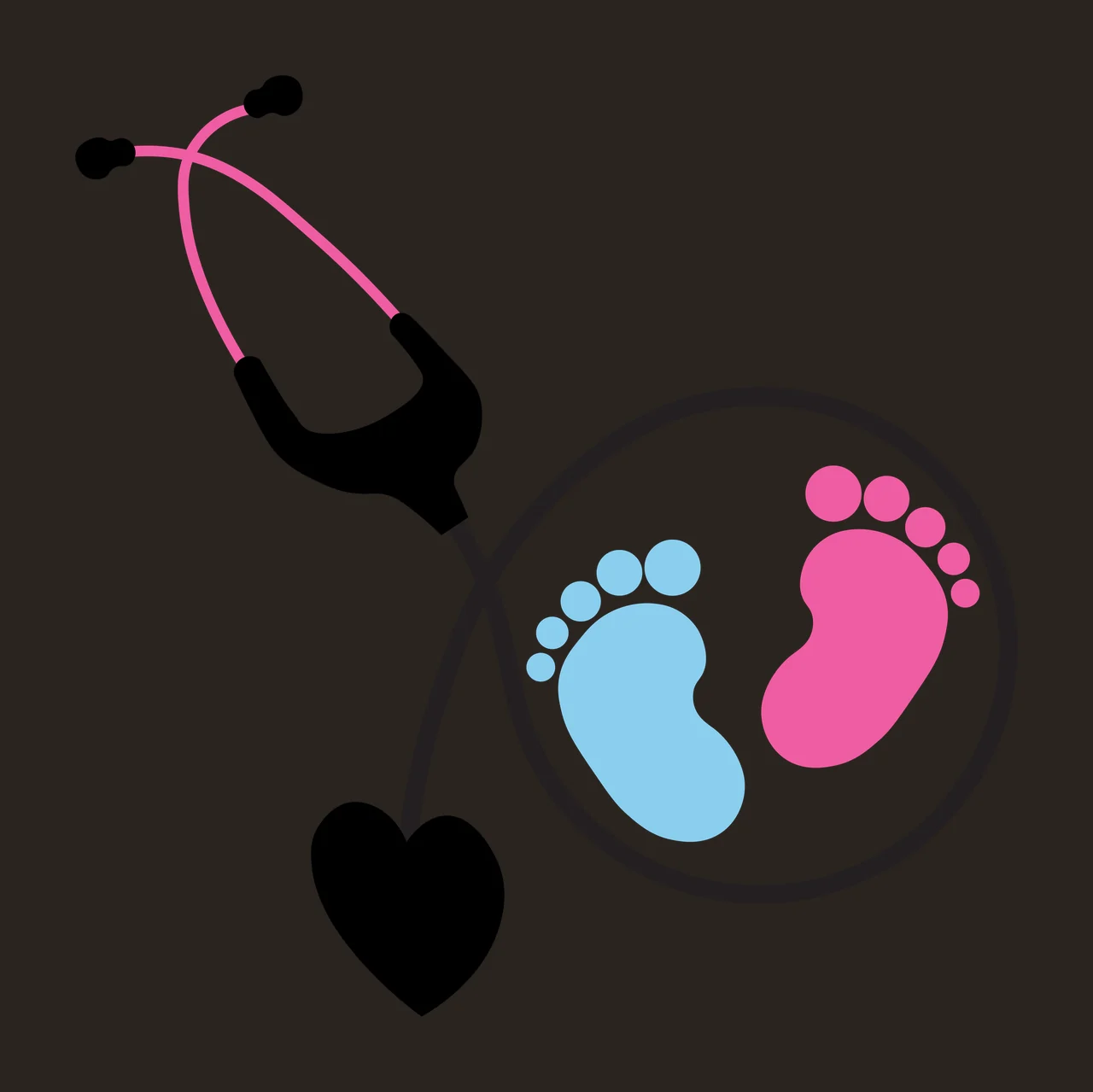 Stethoscope with baby footprints inside earpiece circle and heart-shaped diaphragm Illustration with pink stethoscope tubing, black stethoscope body, blue baby footprint and white circular background contrast preview thumbnail
