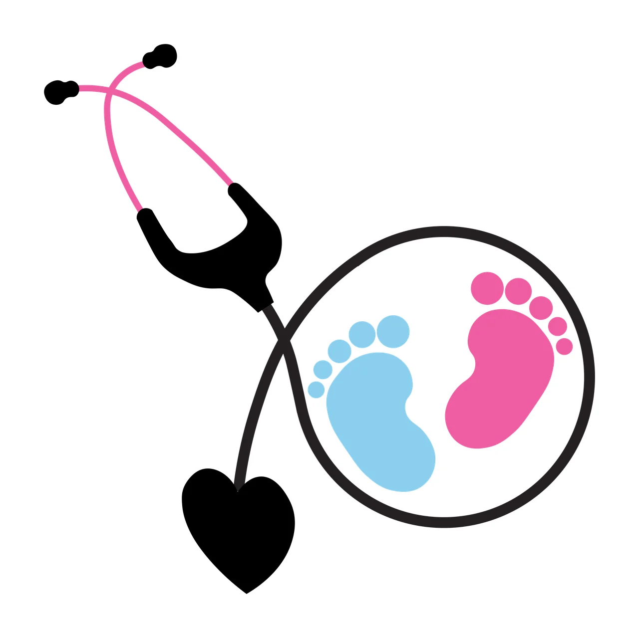 Stethoscope with baby footprints inside earpiece circle and heart-shaped diaphragm Illustration with pink stethoscope tubing, black stethoscope body, blue baby footprint and white circular background