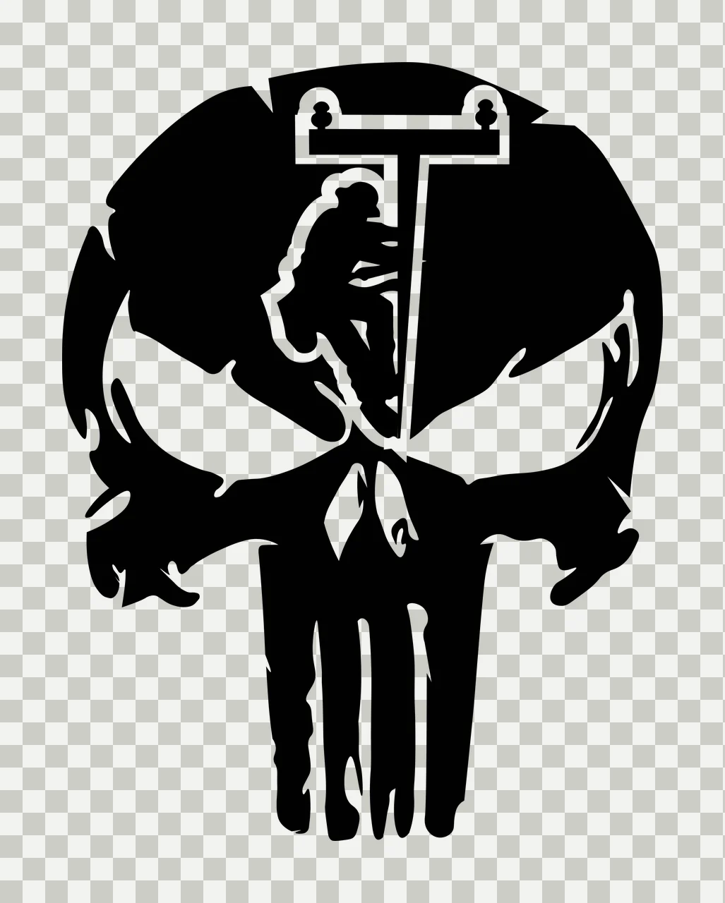 Skull with lineman silhouette Illustration with utility pole, crossarm and insulators in black and white transparency and detail preview thumbnail