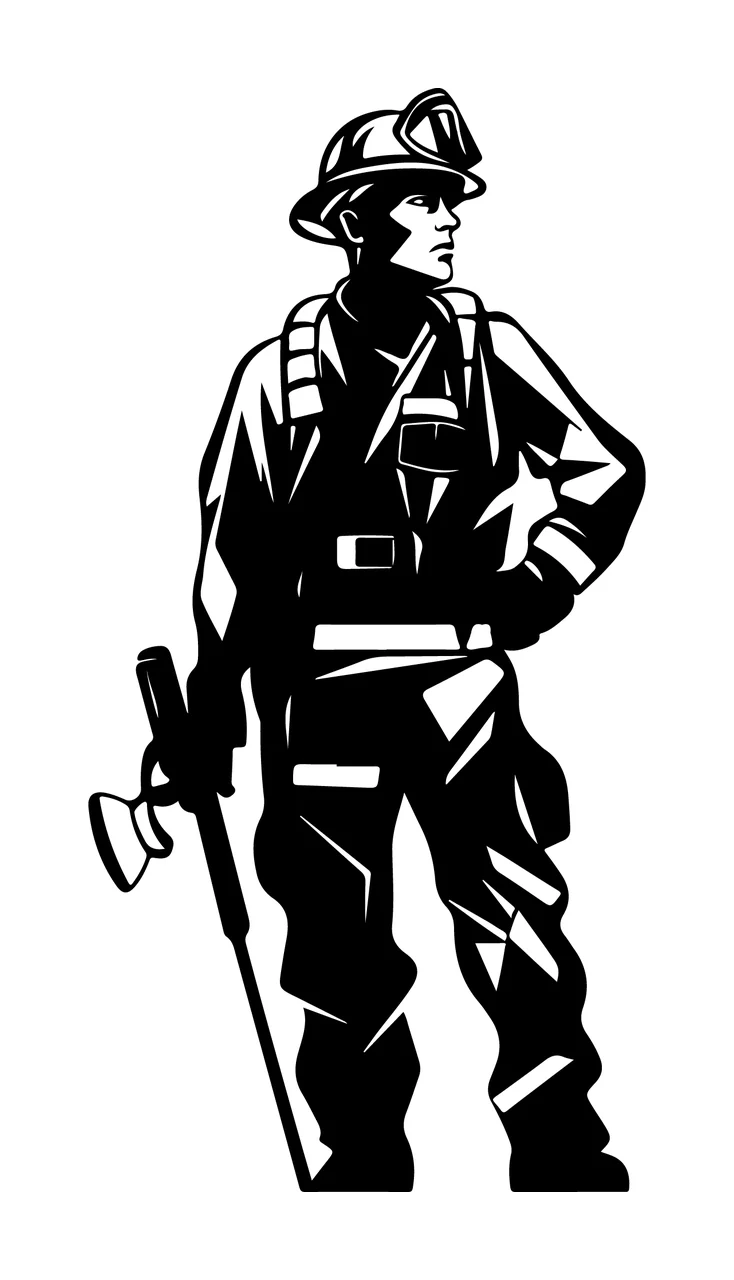 Firefighter Holding Tool standing helmet protective gear silhouette