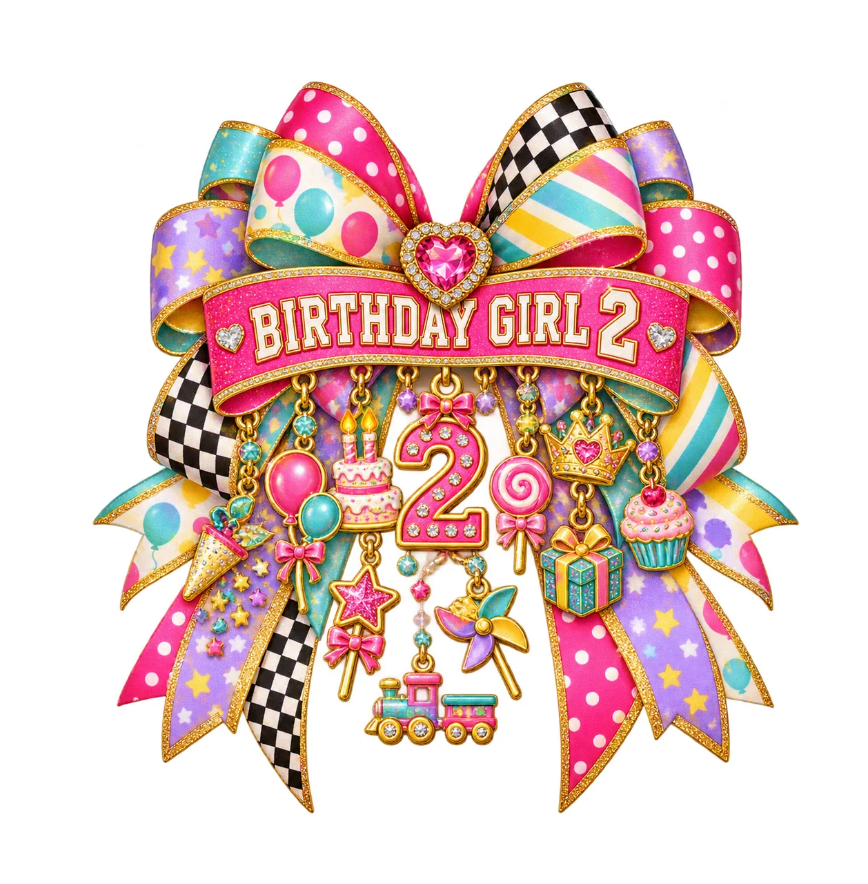 Birthday Girl 2 Bow Charm PNG, Patterned Coquette Bow Clipart, Transparent Sublimation Digital Download