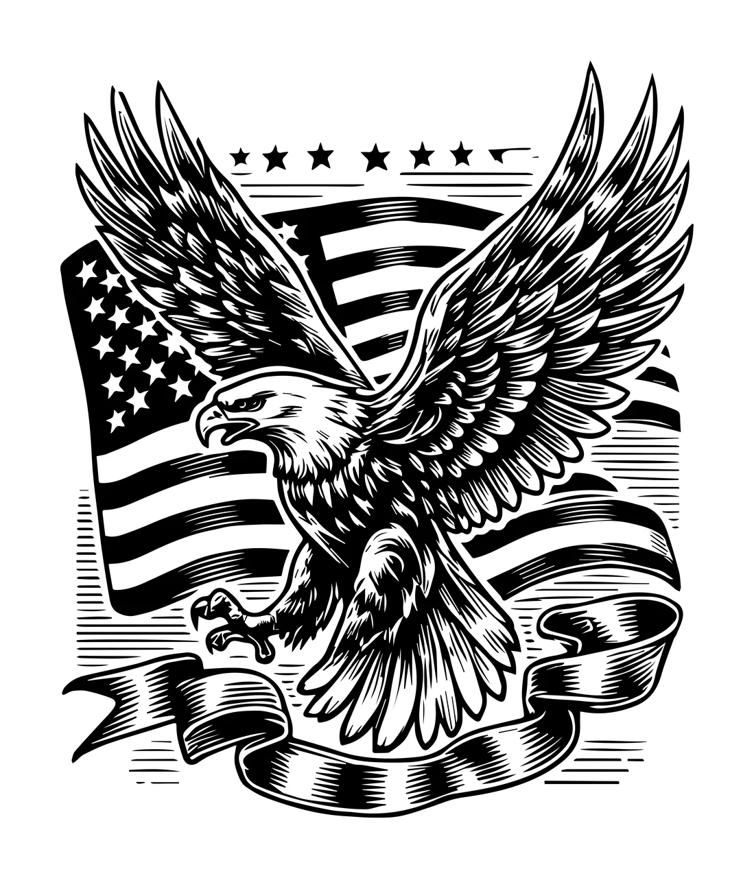 Eagle Flag Flying Over With Ribbon stars engraving black white