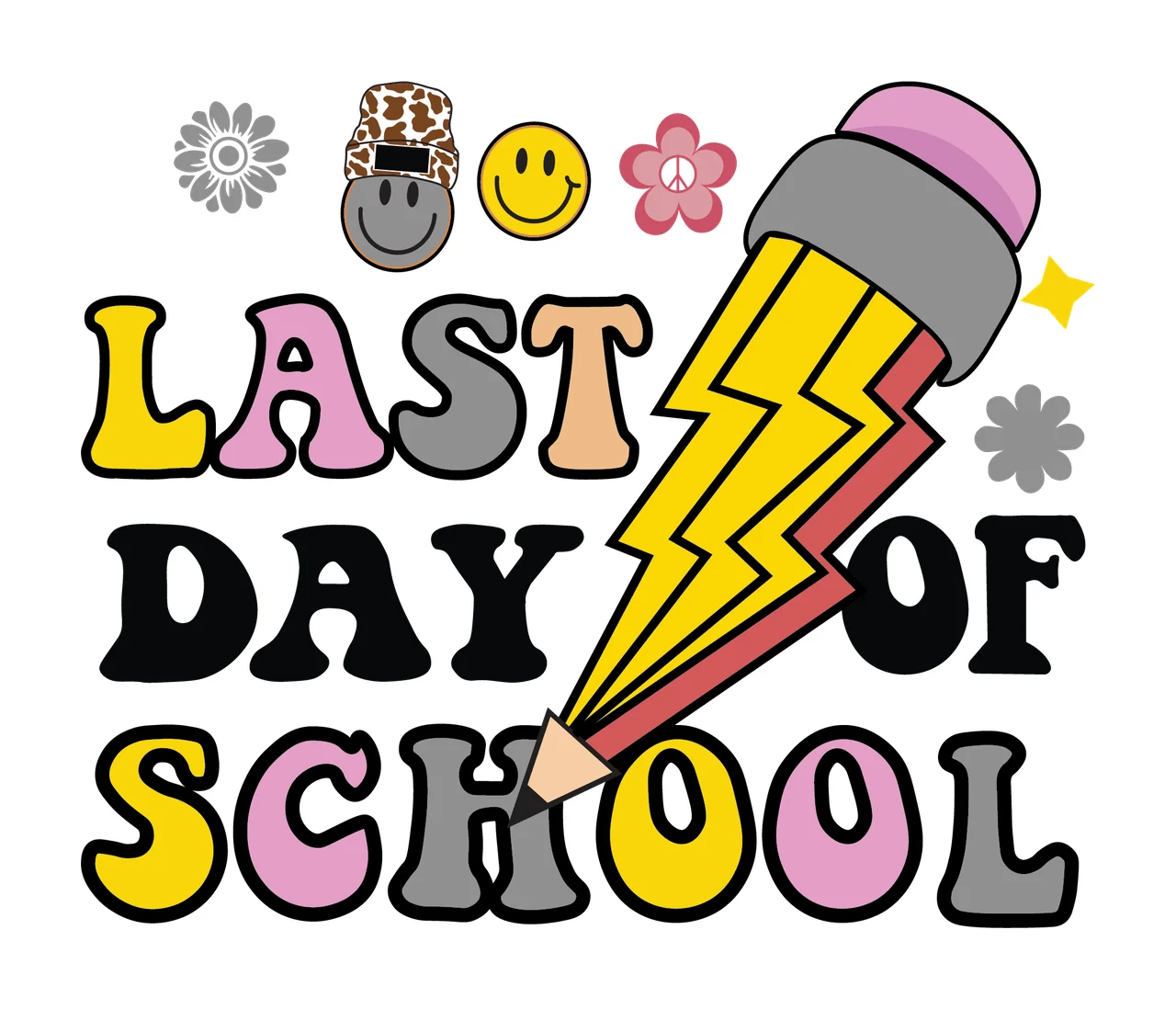 Last Day Of School Pencil Bolt pointing flower lightning silhouette