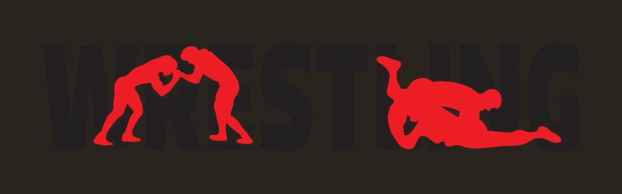 WRESTLING Typography Design with bold text WRESTLING, standing wrestlers silhouette, mat wrestlers silhouette and white outline in black and red contrast preview thumbnail
