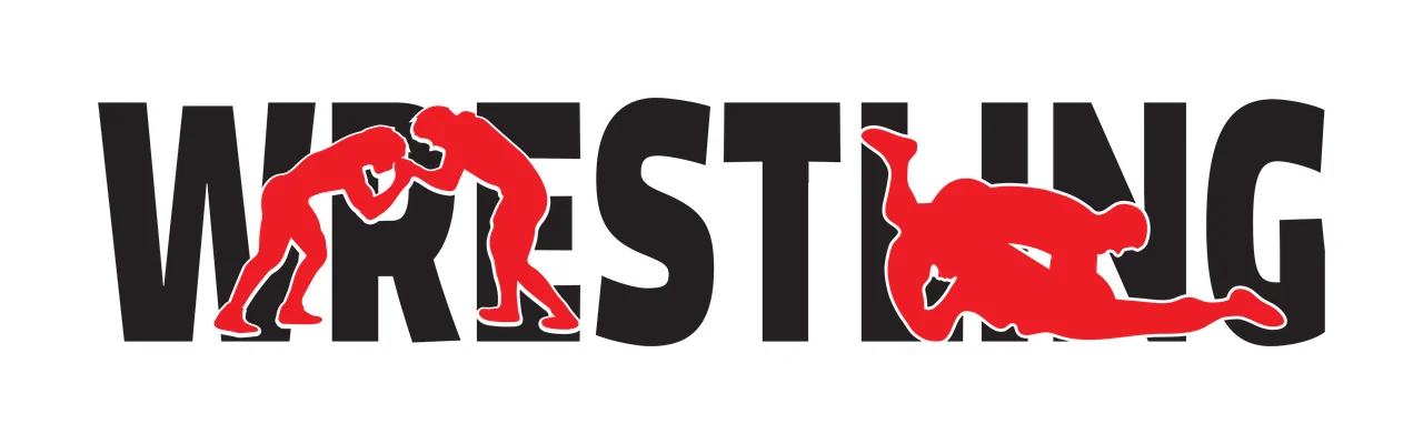 WRESTLING Typography Design with bold text WRESTLING, standing wrestlers silhouette, mat wrestlers silhouette and white outline in black and red
